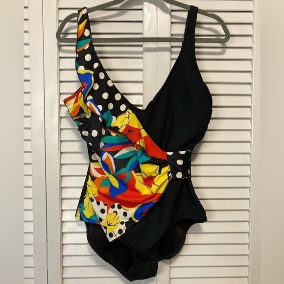 The Slimsuit Other - The Slimsuit Vintage Black Bright Abstract Floral Print One Piece Swimsuit 14